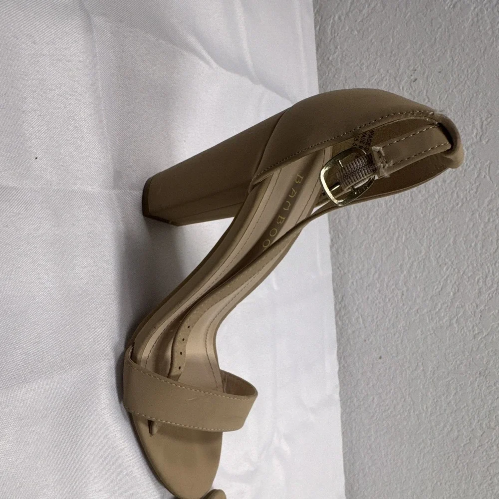 Bamboo Beige Synthetic Open Toe Strappy Ankle Strap Buckle Heels US 7.5